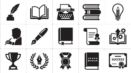 Fototapeta premium Professional vector illustration set featuring various black iconography symbols related to education literature writing achievement success and academic creative work