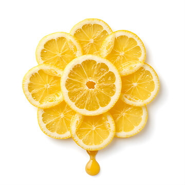 Lemon slices arranged as a flower. Citrus fruit composition with a drop of juice.