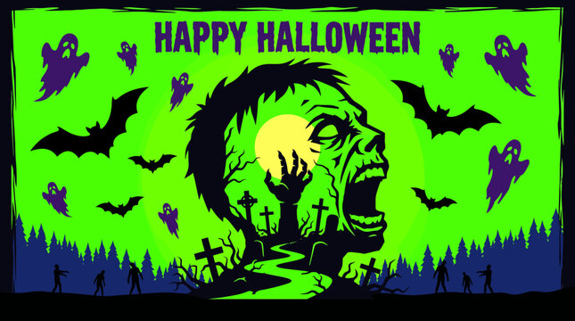 Spooky Halloween banner featuring a screaming zombie silhouette with graveyard, bats, ghosts, and a full moon on a green background
