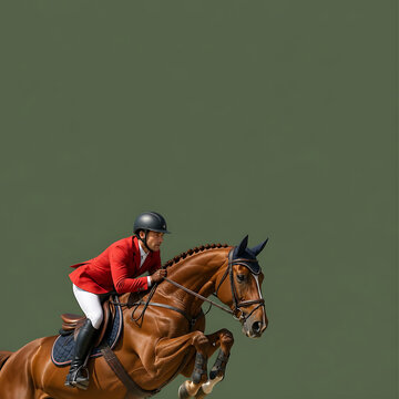 Equestrian jumping over obstacle. Professional horse rider competing in show jumping event.