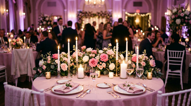 Romantic wedding reception table setting with floral centerpiece and candles in a ballroom with guests.