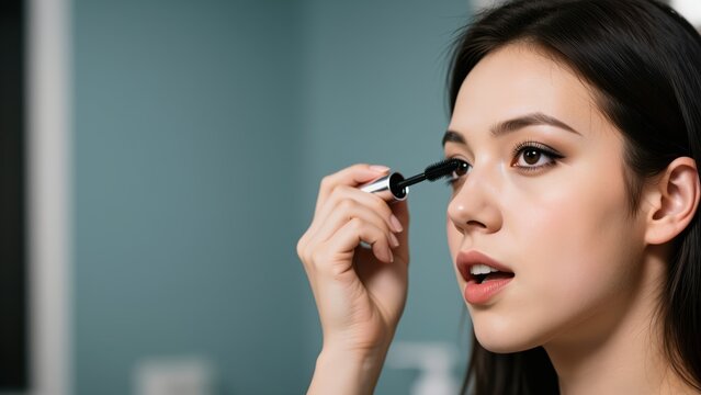 Applying Mascara: A young woman with dark hair applies mascara to her eyelashes in front of a mirror, perfecting her look with focused concentration.