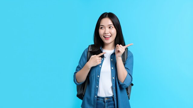 Excited Student with Backpack: A young Asian woman, likely a student, points to the side with a joyful and surprised expression, wearing a backpack and casual attire against a bright blue background.