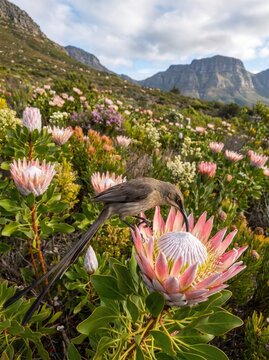 A stunning, high-quality photograph of a Cape Sugarbird feeding on a vibrant King Protea flower, set against a mountainous fynbos landscape.
