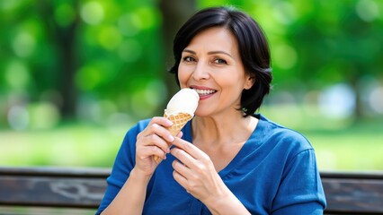 Fototapeta premium Enjoying a Refreshing Treat: A smiling woman enjoys an ice cream cone in a park, with lush green trees providing a natural backdrop.