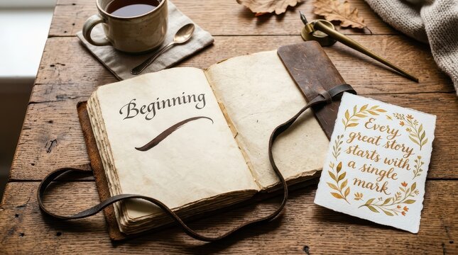 Open old book with the word 'Beginning' and a quote card on rustic wooden table with a cup of tea, representing inspiration and new chapters.