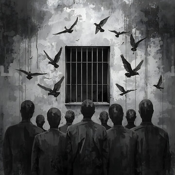 Group of people looking at a prison window. Prisoners watching birds fly to freedom.