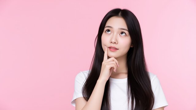 Pondering Young Woman: A young Asian woman with long black hair, wearing a white t-shirt, looks upwards with a thoughtful expression, her finger touching her chin.