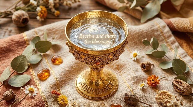 Ornate golden chalice filled with clear liquid, surrounded by natural elements, symbolizing abundance and blessings.