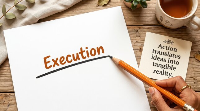 Overhead view of a person writing the word 'Execution' on paper with a pencil, alongside a motivational quote