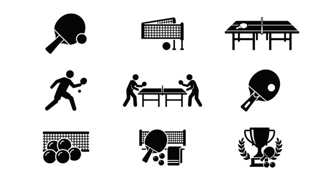 Ping pong equipment icons with players and table silhouettes