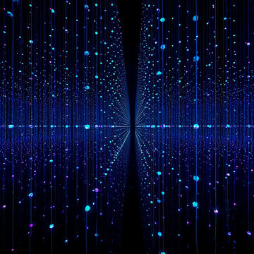 Abstract blue light particles on black background. Digital data stream with glowing bokeh.