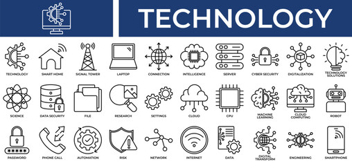 Naklejka premium Technology icon set collection. Containing result, wisdom, link, inspection, server, computing, intelligence .Line vector icons collection