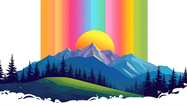 Mountain landscape with rainbow sunset. Vector illustration of nature with colorful sky.