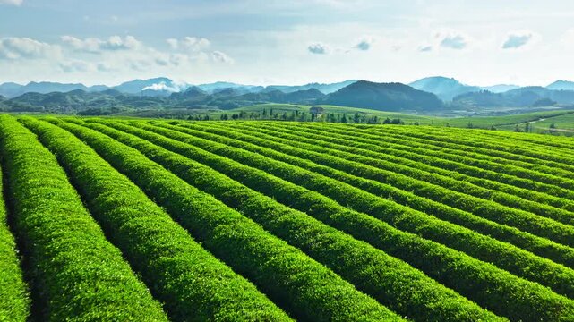 Lush green tea plantation terrace on a sunny day with rolling hills and mountains under a bright sky in the background. High-angle view of agricultural landscape.
