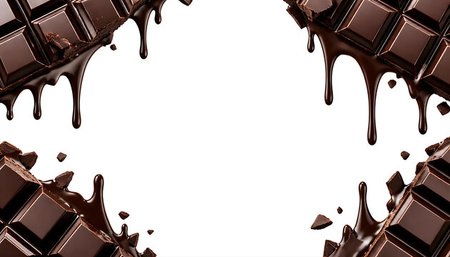 Dark chocolate bar with melting drips. Isolated cocoa dessert frame on white background.
