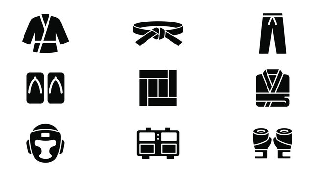 Set of black martial arts equipment icons on white