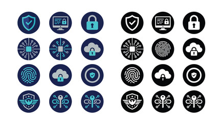 Collection of modern security and technology icons in two color schemes, representing digital safety and data protection. © Feldway