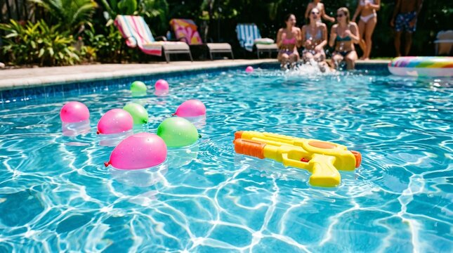 Cheerful summer pool party scene featuring brightly colored neon pink and green water balloons with a yellow squirt gun floating gracefully.