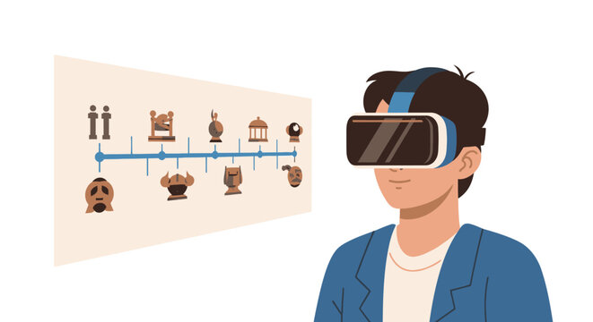 Young Student Using Virtual Reality VR Headset for History Education, Interactive Historical Timeline and Digital Learning Concept Illustration