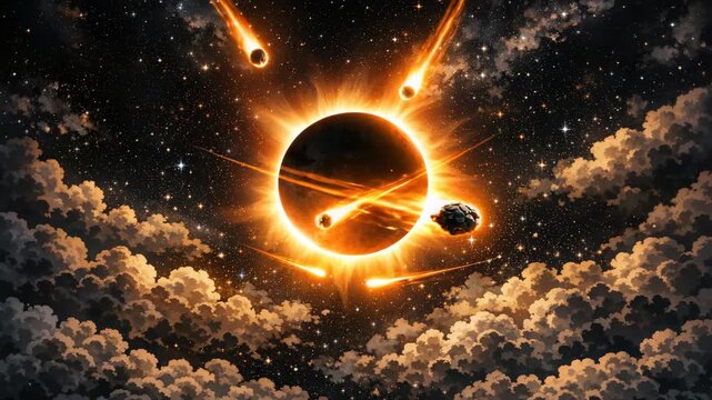 A dramatic of a supernova explosion set against the backdrop of space with stars and clouds.