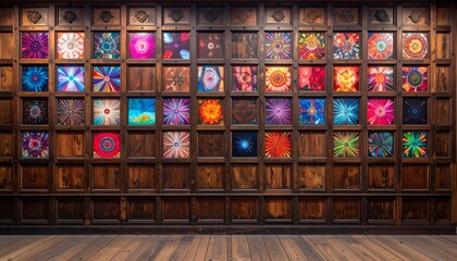Fototapeta premium Colorful Textile Art Display - A Wall of Unique Fabric Designs.