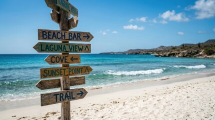 Fototapeta premium Tropical Beach Signpost with Directions to Paradise Destinations.