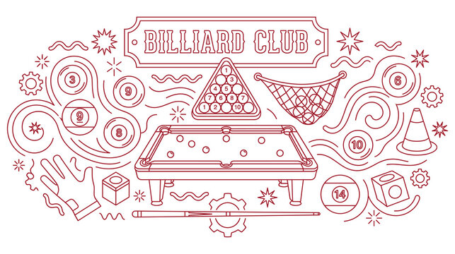 Billiard club banner design. pool table, balls, cue, game elements. outline vector illustration.