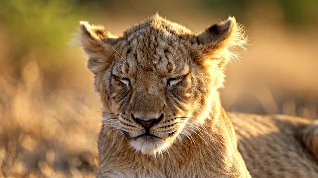 A young lion cub rests in the African savanna during the golden hour while its sleepy expression captures the peaceful essence of predator behavior within its natural wild habitat during