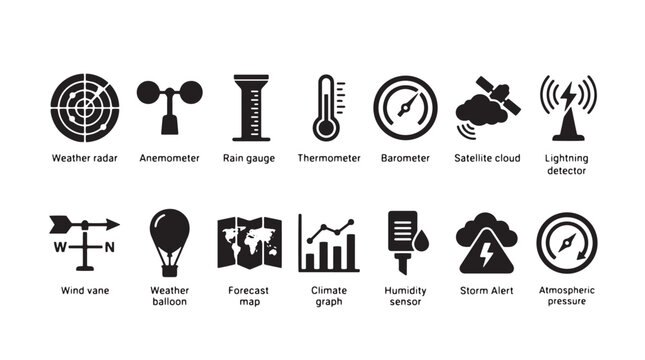 Weather station icons set, meteorology measurement tools and climate forecast symbols, 14 black vector signs for atmospheric science