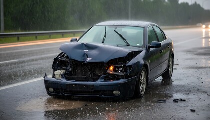 Naklejka premium A dark blue car with severe front-end damage sits on a wet road after an accident, with debris scattered around.