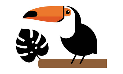 Obraz premium Tropical toucan bird perched on a branch with a monstera leaf in a minimalist geometric design style on a white background, wildlife nature concept