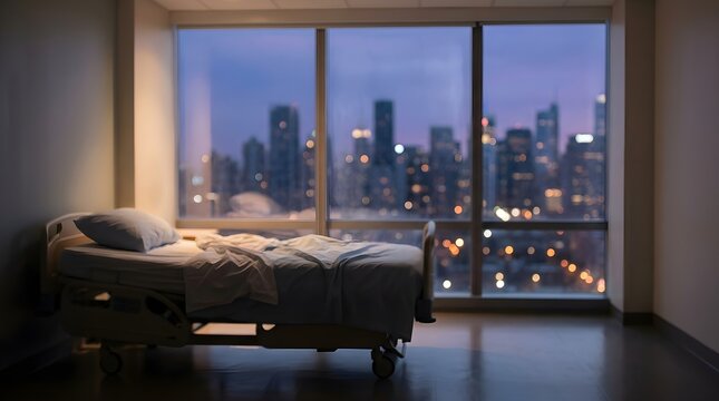 Hospital bed sits in a quiet room overlooking the city lights at twilight.