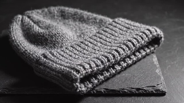 Detailed Close Up of Knitted Wool Beanie Hat on Dark Surface in Black and White.