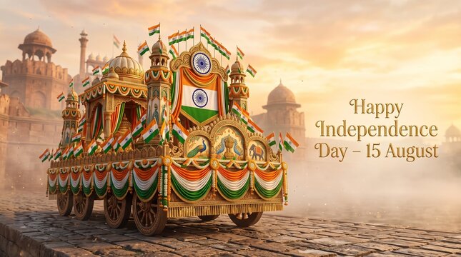 Ornate indian chariot decorated with flags for independence day parade