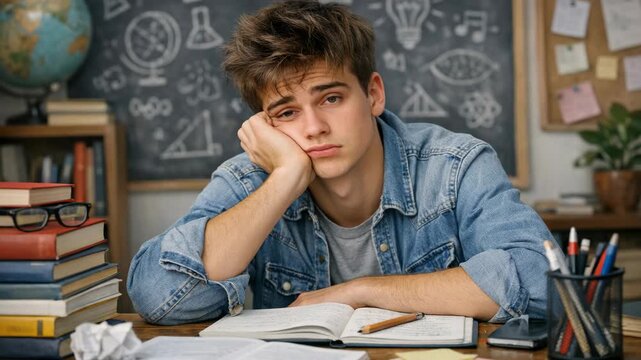 A boy with his head resting on his hand at a desk, surrounded by books and papers.
