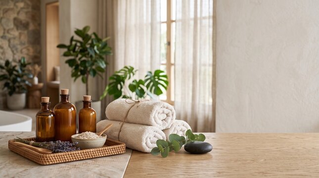 A serene spa arrangement featuring brown apothecary bottles, bath salts, lavender, and rolled towels on a wooden table in a bright, sunlit room.