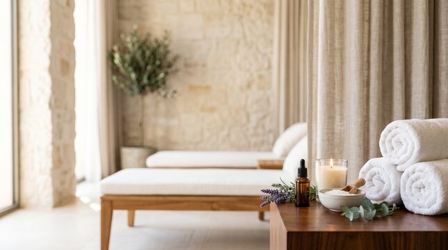 Serene spa interior featuring rolled towels, essential oil, a candle, and lavender on a wooden table, with lounge chairs and stone walls behind.