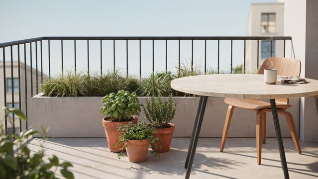 Modern urban balcony with potted herbs with various potted green herbs balcony with balcony