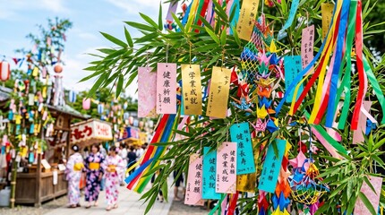 Fototapeta premium Festive Japanese Tanabata celebration displaying vibrant green bamboo branches adorned with beautifully handwritten pink origami wish tags.