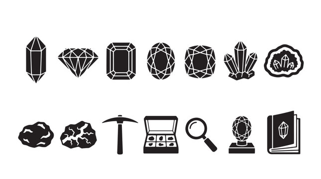 Black gemstone icons set, diamond and crystal jewelry vector symbols, mineral mining and geology equipment collection, 14 flat silhouette elements