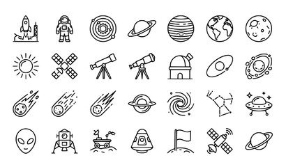 Space and Astronomy Thin Line Icons Set with Editable Stroke Vector Symbols for Science and Technology © MdAlAmin