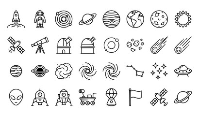 Modern Space Exploration and Astronomy Editable Outline Icons Pack for Web UI and Infographics © MdAlAmin