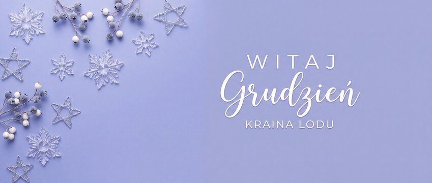 Witaj Grudzien winter banner background with glass snowflakes, frosted berries and silver stars on pastel purple. Elegant Christmas greeting card template with copy space for seasonal design.