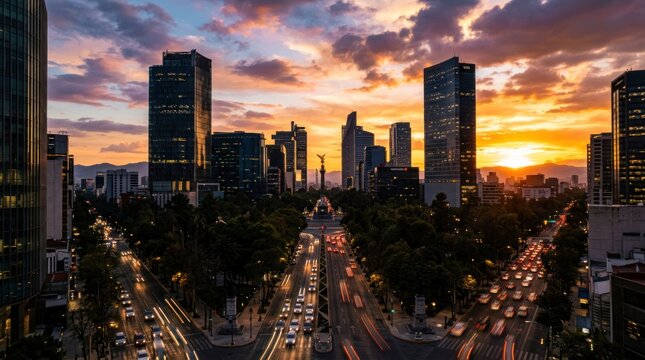 Vibrant Sunset Over a Bustling Cityscape with Modern Skyscrapers.