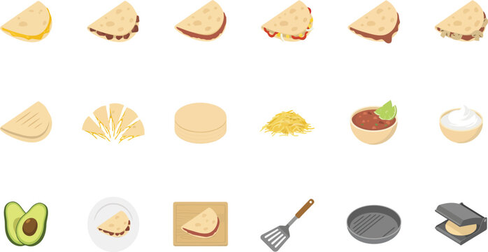 Set of flat vector icons illustrating ingredients and cooking tools for preparing tasty quesadillas on white
