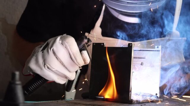 Welder operating stick electrode holder over metal structure with bright flame and light flash