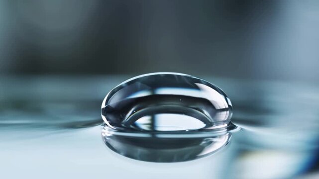 Slow motion static macro shot of water droplet oscillating and settling on reflective surface in studio
