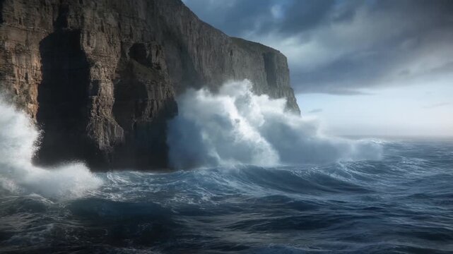 Aerial slow motion tracking pan of waves crashing against rugged sea cliffs on stormy rocky coastline with foamy surf and overcast sky