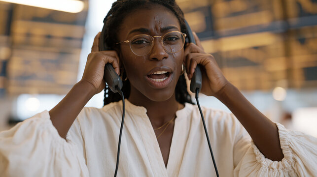 Nigerian commodities trader in a open-plan trading floor gripping two handsets simultaneously, wall screens flashing grain and crude pricing, sweat visible on her brow as she